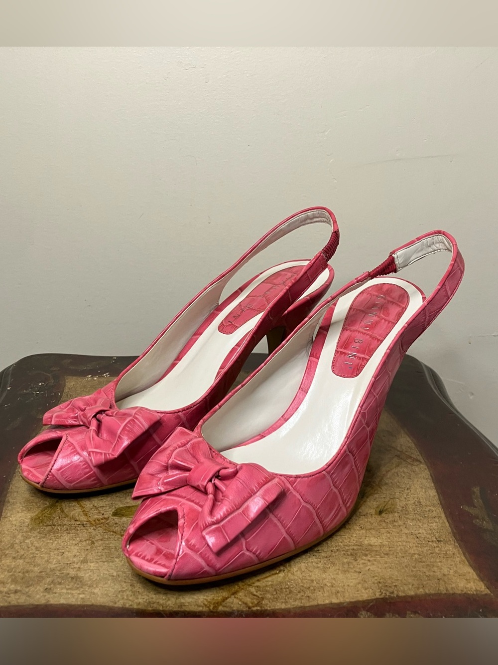 Gianni Bini Pink Croc-Embossed Slingback Peep-Toe Heels with Bow